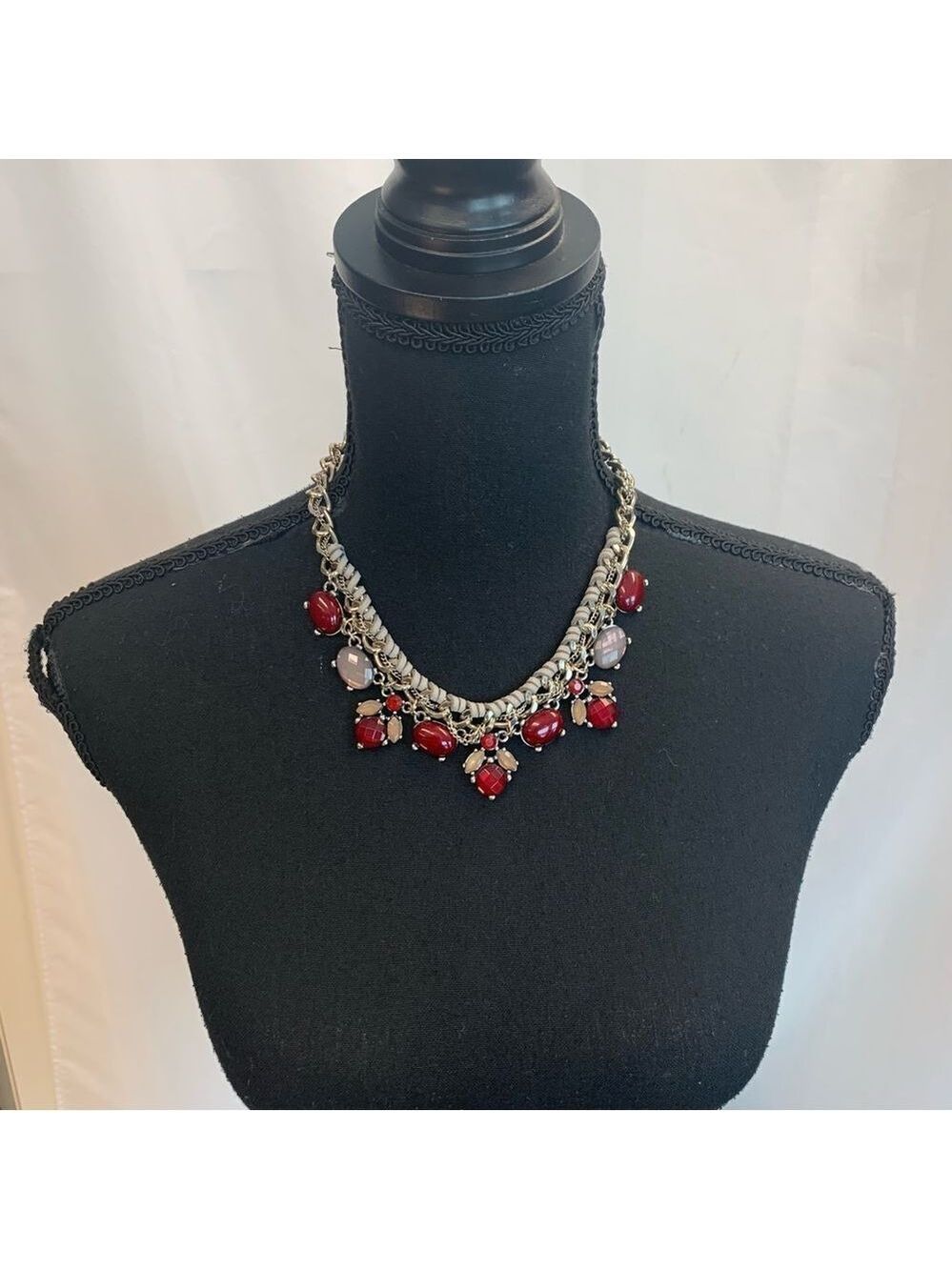 Red taupe gray brown gem jewelled silver tone faux leather braided necklace